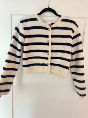 Line and Dot Striped Cropped Cardigan in Cream and Navy